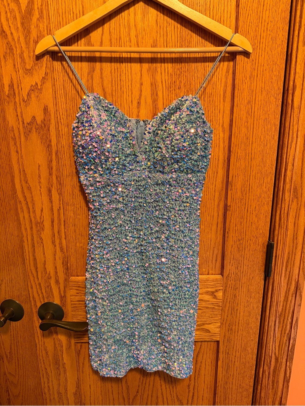 Crystal Doll Iridescent Light Blue Sequin Spaghetti-Strap Mini Dress, Size XS